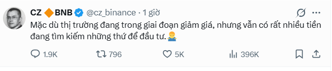 A tweet from CZ (Changpeng Zhao) @cz_binance with Vietnamese text stating that despite the market being in a downtrend, there is still a lot of money looking for things to invest in, with 5K likes and 396K views.