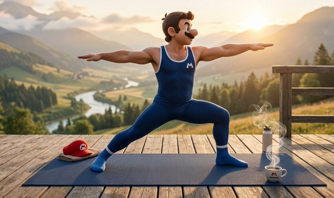 A 3D rendered character resembling Mario in a blue athletic singlet and pants performs a warrior yoga pose on a mat on a wooden deck, with a scenic mountain landscape and a Mario-themed water bottle and cap nearby.