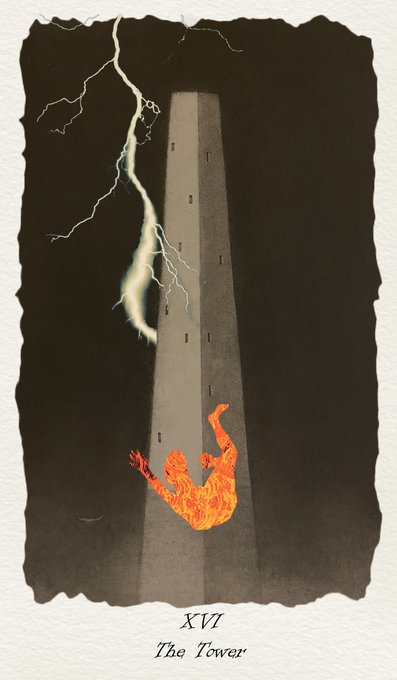 A tarot card depicting 'XVI The Tower' shows a tall tower being struck by lightning with flames erupting at its base against a dark background.