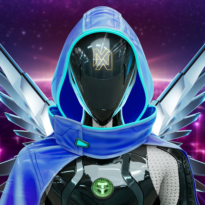 Futuristic character wearing a blue hooded outfit with mechanical wings, featuring a black faceplate with a gold 'X' emblem and a glowing green circular badge on the chest.