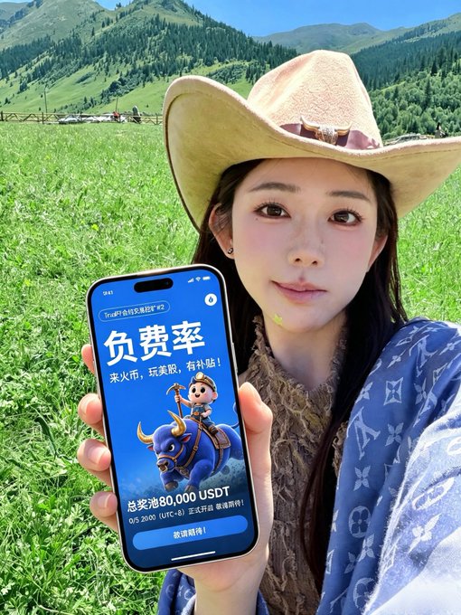 A woman wearing a cowboy hat poses in a grassy mountain landscape while holding a smartphone displaying a Chinese app advertisement for a "负费率" (negative fee rate) promotion with 80,000 USDT in rewards.