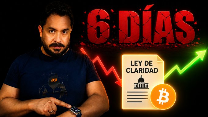 A bearded man in a dark shirt points to a watch on his wrist, set against a backdrop reading "6 DÍAS" in cracked red letters, alongside a document labeled "LEY DE CLARIDAD" with a Bitcoin logo and crossed arrows showing a price decline turning upward—visually echoing the post's message about the six-day countdown for Trump's Clarity Act endorsement to potentially reverse Bitcoin's downtrend.