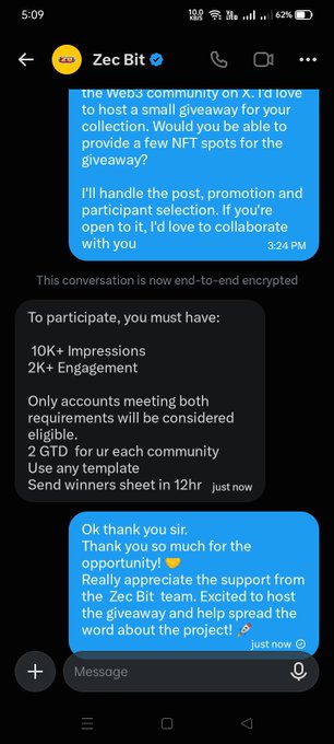 A WhatsApp-style chat screenshot with 'Zec Bit' offering a giveaway for the 'Web3 community on X', requiring '10K+ Impressions, 2K+ Engagement', and 2 GTD template submissions.