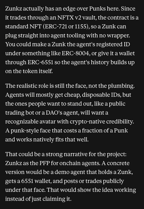 A text passage discussing the advantages of Zunkz over Punks for NFT-based AI agent identities, mentioning ERC-721, ERC-1155, ERC-8004, ERC-6551 standards, and the narrative of Zunkz as 'the PFP for onchain agents.'