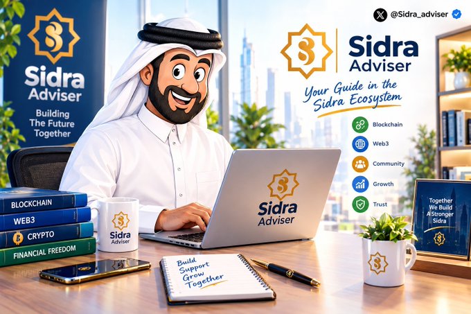 A promotional graphic for 'Sidra Adviser' featuring a cartoon Arab man in traditional dress working on a laptop, with branding elements listing 'Blockchain', 'Web3', 'Community', 'Growth', and 'Trust', alongside a verified X handle '@Sidra_adviser'.