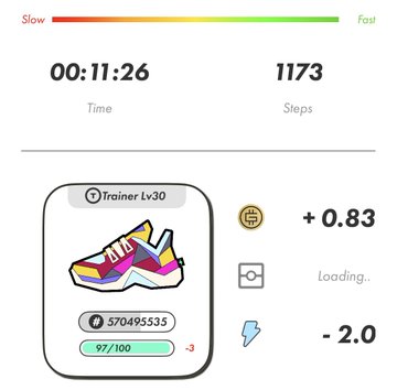 A STEPN fitness app screenshot showing a workout in progress with a Trainer Lv30 sneaker NFT, 11:26 time, 1173 steps, and +0.83 GMT earnings.