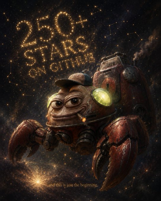 The image features a cartoon crab with a big smile on its face, surrounded by stars and planets. The caption below the image reads "And this is the beginning", suggesting that there's more to come for TACHI.