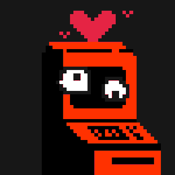 A pixel art illustration of a red retro computer with googly eyes, smiling as a red heart floats above its screen.