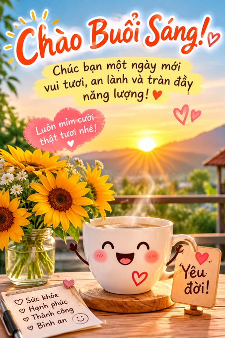 A digital greeting card with Vietnamese text including "Chào Buổi Sáng!", "Sức khỏe", "Hạnh phúc", "Thành công", "Bình an", and "Yêu đời!", featuring a smiling cup of coffee, a bouquet of sunflowers, and a sunrise background.