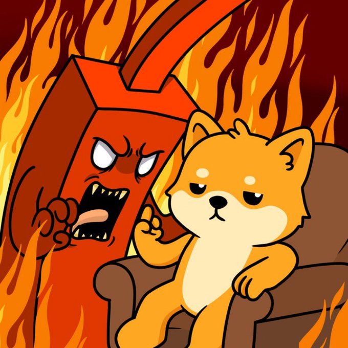 Cartoon illustration of an angry, fanged red box-like creature yelling with flames rising from its mouth, while a calm orange Shiba Inu-style dog sits on a couch beside it against a fiery background.