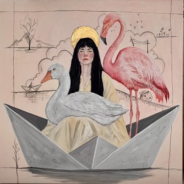 A painting depicting a woman with long black hair and a golden halo sitting in a paper boat, accompanied by a white swan and a pink flamingo, with a minimalist landscape background.