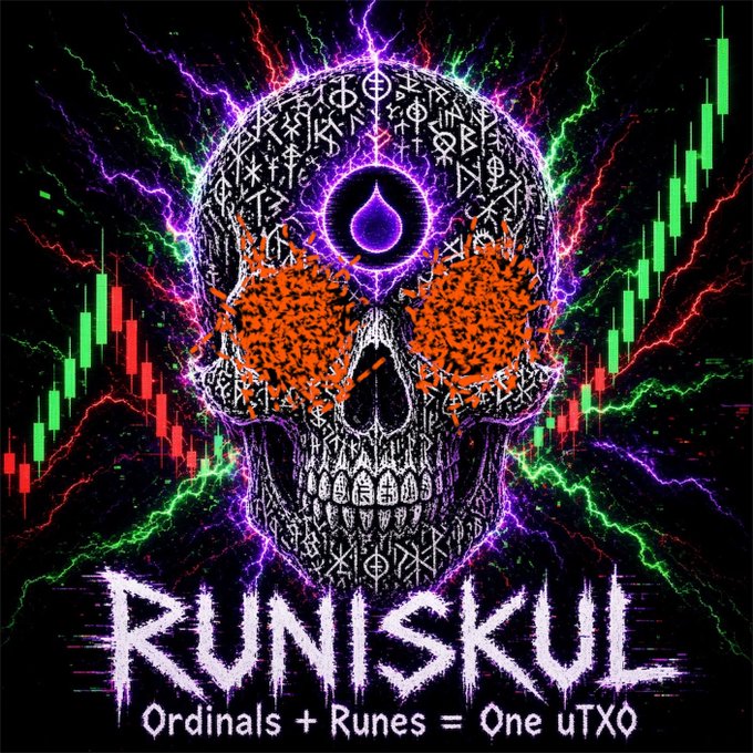 Stylized skull graphic with the text 'RUNISKUL Ordinals + Runes = One uTXO' surrounded by candlestick charts and neon lightning bolts in red, green, and purple.
