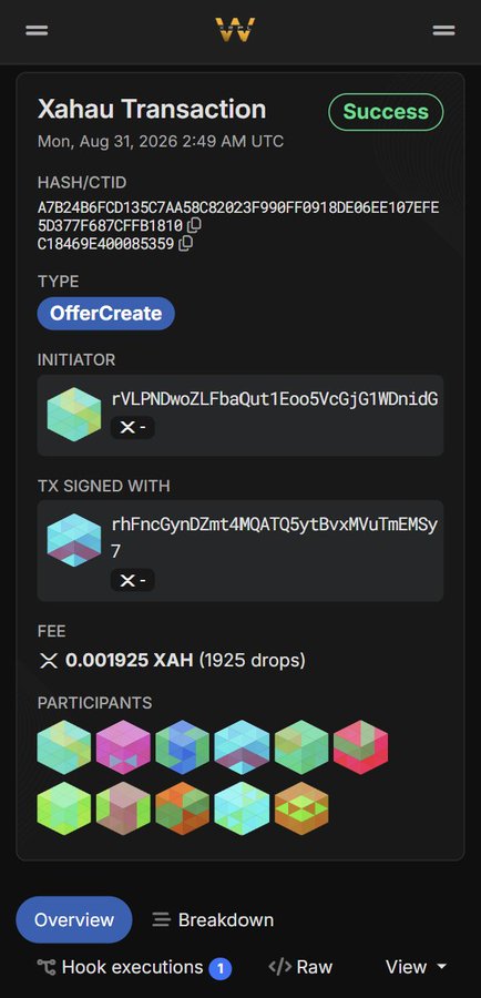 A screenshot of a mobile app interface showing a successful Xahau Transaction. Key details include "Mon, Aug 31, 2026 2:49 AM UTC", a "Success" badge, Type "OfferCreate", Fee of "0.001925 XAH (1925 drops)", and a grid of participant icons.