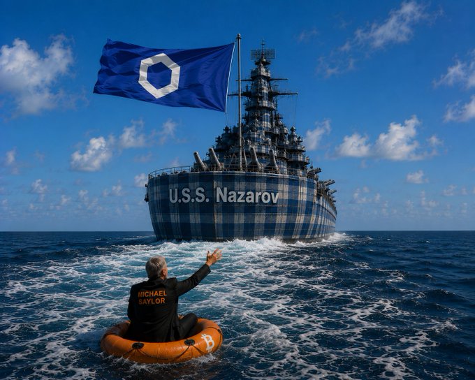A surreal digital artwork shows a man in a black suit labeled "MICHAEL SAYLOR" sitting in an orange life ring, raising his hand toward a massive naval warship sailing on the ocean, with the hull reading "U.S.S. Nazarov" and a blue flag bearing a white hexagon (Chainlink logo) flying above.