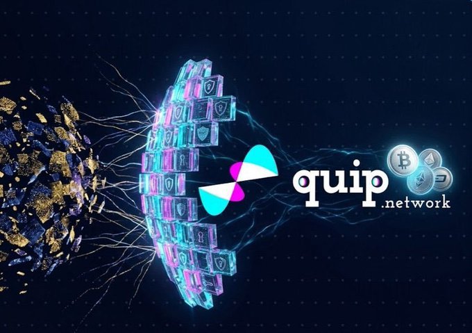 A futuristic digital artwork showing shattering crystalline structures transforming into blockchain infrastructure, with the 'quip.network' logo and cryptocurrency coins (Bitcoin, Ethereum) floating on the right side against a dark dotted background.