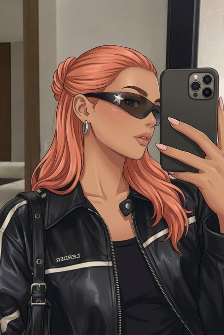 A stylish illustration shows a red-haired woman in sunglasses taking a mirror selfie with her phone, wearing a black leather jacket with the partially visible text "ЯƎЯЭI" (mirrored "TRENDY"). The modern, trendy aesthetic aligns with the post's call to "stay locked in" on @PlayOnMint's Web3 gaming campaign.