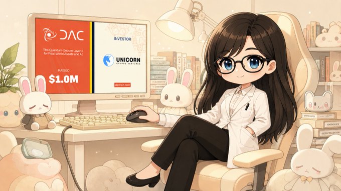 An anime-style illustration shows a dark-haired woman in glasses and a white coat sitting at a desk, with a computer monitor displaying 'DAC', 'INVESTOR', 'UNICORN', and '$1.0M RAISED'.