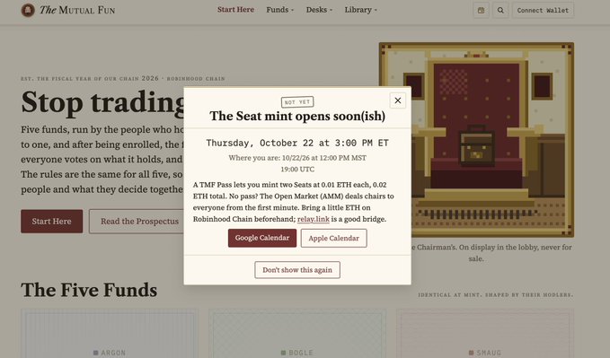 A screenshot of the 'The Mutual Fun' website featuring a popup announcement for 'The Seat mint' opening on Thursday, October 22 at 3:00 PM ET, with options to add to Google or Apple Calendar.