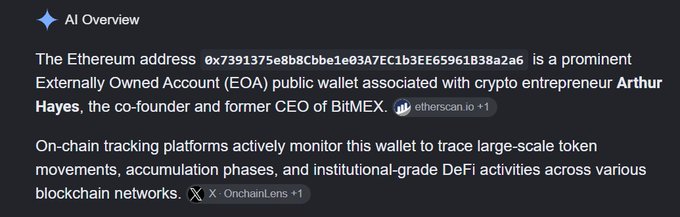 An AI Overview stating the Ethereum address is a public wallet linked to crypto entrepreneur Arthur Hayes, co-founder of BitMEX, based on data from Etherscan.io and OnchainLens.