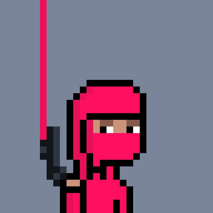 Pixel art of a pink ninja-style character holding a sword, wearing a hood and mask that covers the lower half of their face.