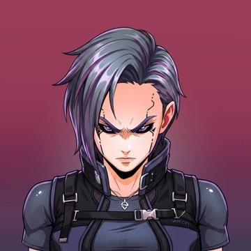 An anime-style illustration of a serious character with gray and purple hair wearing a dark tactical outfit against a pink background.