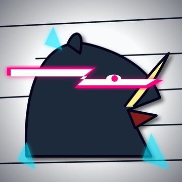 A stylized cartoon logo featuring a black creature or helmet with pink glowing eye slits, a yellow lightning bolt, and cyan triangular accents on a gray lined background.