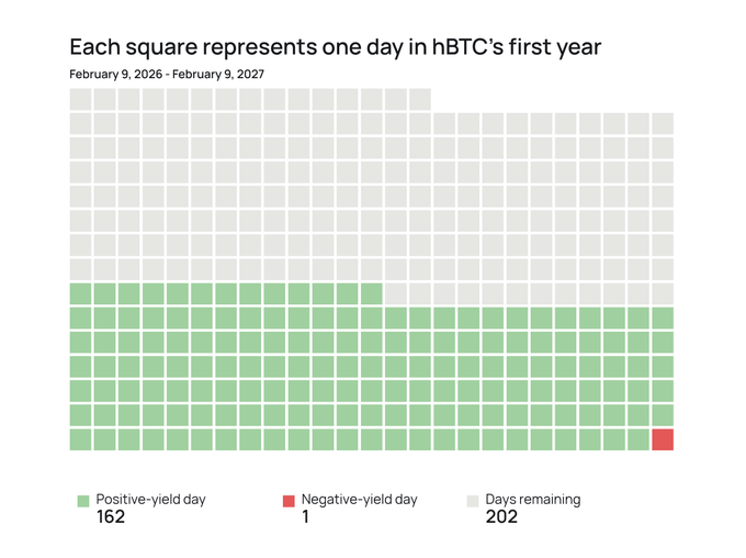 A grid visualization titled 'Each square represents one day in hBTC's first year' showing 162 positive-yield days (green), 1 negative-yield day (red), and 202 days remaining (gray).