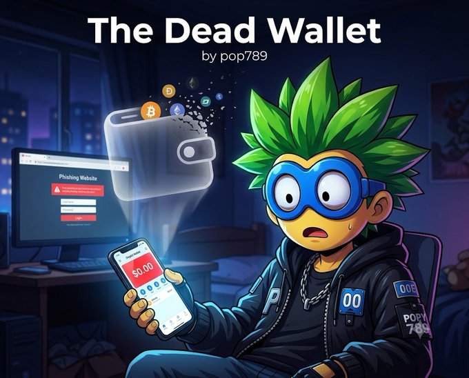 An illustration titled 'The Dead Wallet by pop789' depicting a cartoon character with green hair reacting in shock to an empty crypto wallet showing $0.00 balance after a phishing scam.