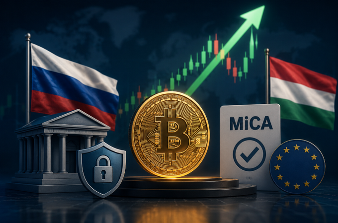 The image features a golden Bitcoin coin at its center, flanked by the Russian flag on the left and what appears to be the Hungarian flag on the right, with a "MiCA" compliance sign and EU stars symbol beside it. A green upward-pointing arrow and candlestick chart in the background visually represent the Bitcoin price movement referenced in the caption, while the imagery of regulatory frameworks (shown via the courthouse, security shield, and MiCA sign) directly illustrates the caption's point about Russia and Hungary implementing cryptocurrency exchange regulations behind the scenes of Bitcoin's price action.