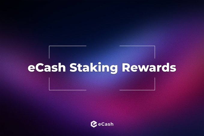 A sleek promotional graphic featuring the text "eCash Staking Rewards" framed by minimalist corner brackets against a dark blue and magenta gradient background, with the eCash logo displayed at the bottom. The image serves as a visual header introducing the post's breakdown of three different methods for earning staking rewards with the $XEC token.