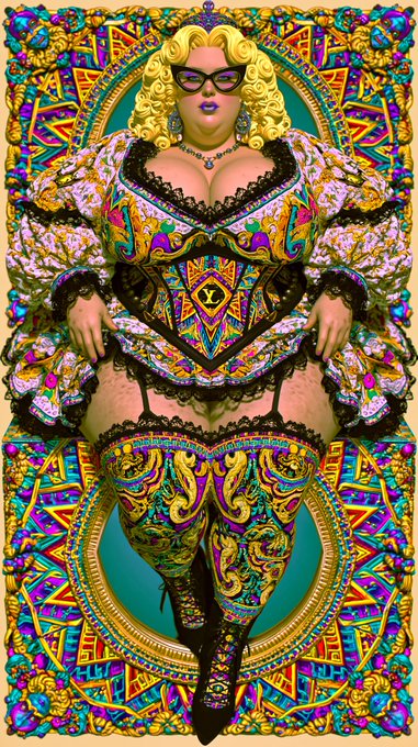 A vibrant, symmetrical digital artwork depicts a voluptuous blonde woman in elaborate, colorful baroque-style clothing and patterned stockings.