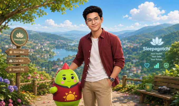 A promotional image for 'Sleepagotchi' featuring a young man in a maroon shirt standing beside a green mascot character, with a wooden signpost reading 'Rest Well, Live Well, Dream Big' and a scenic lake and mountain backdrop.