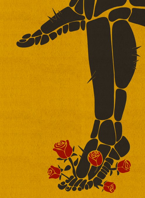 A stylized black silhouette of a footprint on a yellow background, with red roses scattered near the heel.