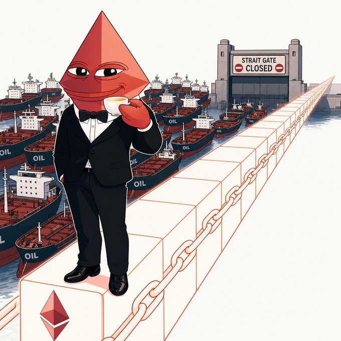 The image features an illustration of a man dressed in a suit, standing on top of a chain link fence with his arms raised above his head. The man has a red triangle headpiece on that resembles a person wearing a tie. In the background, there are numerous ships and boats floating in the water, suggesting that they are part of a large cargo shipyard or port. The text "gm iran closed the strait of hormuz, reopened it, then closed it again before the market did 16 million barrels stuck behind one chokepoint ethereum cleared a block every 12 seconds the whole time" is present in the image as well. This implies that there was an event involving the ships and the strait, possibly related to cryptocurrency or the port of Hormuz.