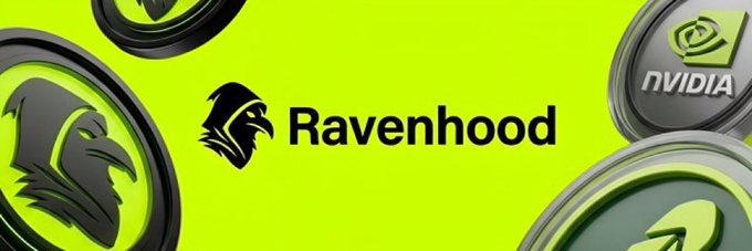 Promotional banner for 'Ravenhood' with a green and black color scheme, featuring the brand's raven logo and 'NVIDIA' text, alongside circular tokens with raven and arrow emblems.