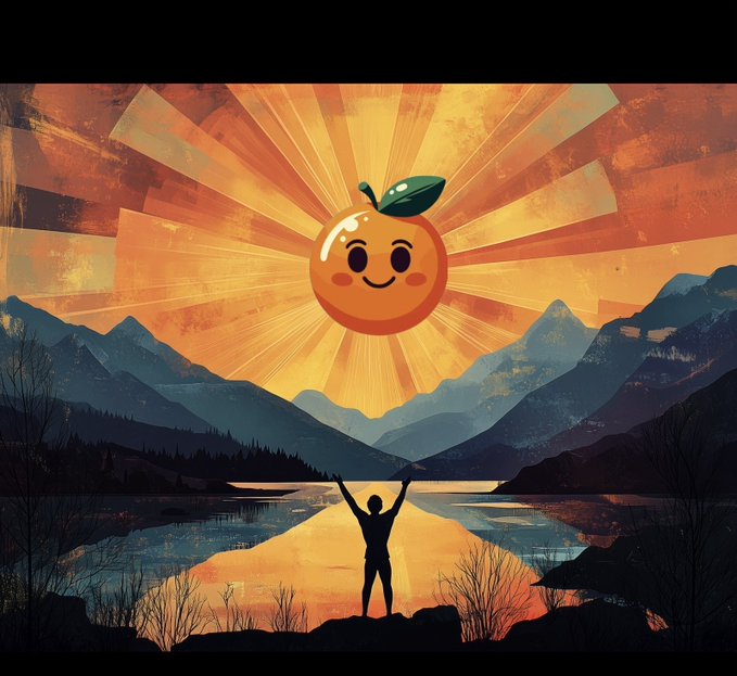 A digital illustration showing a silhouette of a person with arms raised in triumph before a lake and mountains, with a smiling, anthropomorphic orange character radiating light like a sun in the sky.