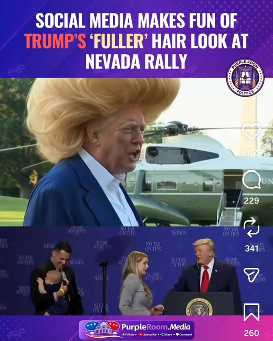 A Purple Room Media news graphic with the headline 'SOCIAL MEDIA MAKES FUN OF TRUMP'S 'FULLER' HAIR LOOK AT NEVADA RALLY', showing an edited image of Donald Trump with voluminous hair next to a helicopter.