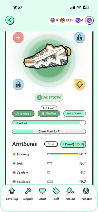 A mobile game interface displaying an "Uncommon" sneaker NFT with "Walker" type at Level 28, featuring attributes like Efficiency (105.7), Luck (16.1), Comfort (9.1), and Resilience (19.7), with a "Shoe Mint 2/7" progress bar—aligning with the post's mention of acquiring an ELL walker for its Base Luck to begin their P-country debut in the STEPN game.