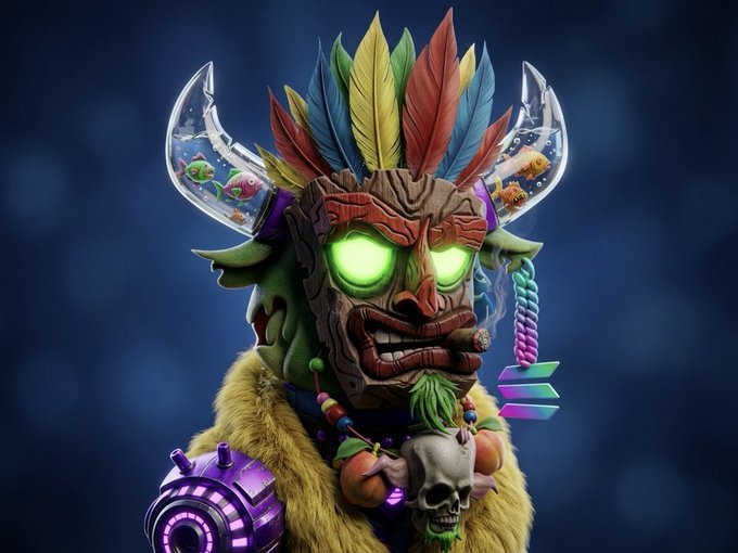 A 3D-rendered tribal mask character features a wooden face with glowing green eyes, colorful feathers, glass horns containing fish, and a skull necklace.