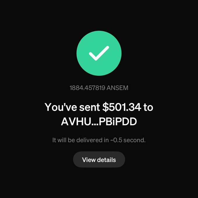 A confirmation screen showing a successful transaction of $501.34 sent to address AVHU...PBiPDD, displaying "You've sent $501.34 to AVHU...PBiPDD" with delivery in ~0.5 seconds, confirming the $500 in $ANSEM tokens being sent to Jessica319C's Solana wallet as the new giveaway winner.