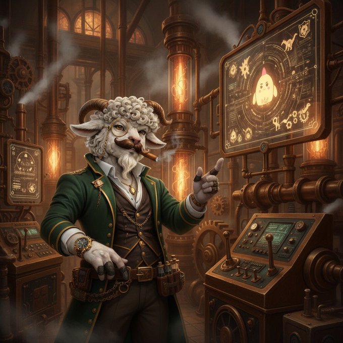 The image features a man dressed as a character from a steampunk-themed video game, wearing a green coat and hat while holding a pipe and puffing on a pipe. The man appears to be engaged with his phone or computer screen, possibly browsing through social media feeds. There is also a post about the steampunk theme of the video game that has been shared by multiple people, which adds context to the image's content.