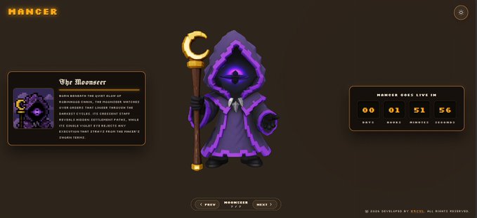 A website for 'MANCER' featuring a purple pixel-art hooded character named 'The Mooncer' holding a crescent moon staff, with a countdown timer reading '00 01 51 56' for 'MANCER GOES LIVE IN'.