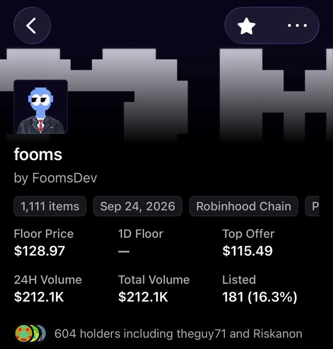 A collection page for 'fooms' by FoomsDev on Robinhood Chain, displaying a floor price of $128.97 and 1,111 items.