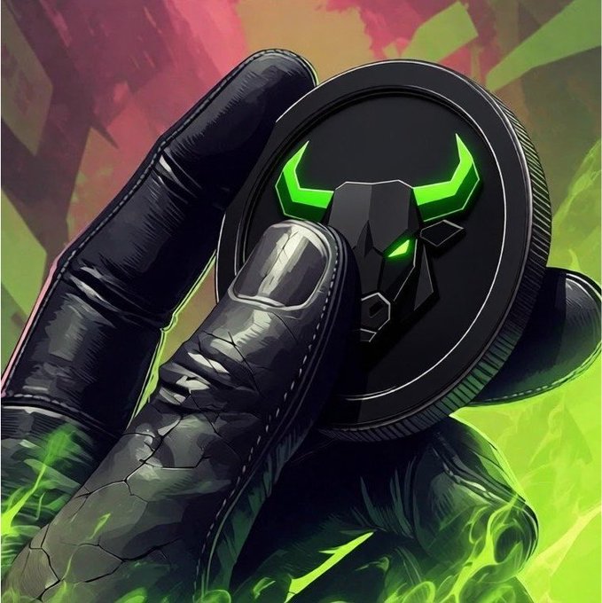 Digital artwork of a gloved hand holding a black coin featuring a stylized bull or minotaur face with glowing green horns, set against a background of green and red smoke.