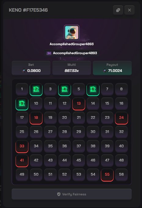 A KENO gambling game interface with ID #F17E5346 for user AccomplishedGrouper4893, showing a bet of 0.0800, a multiplier of 887.53x, and selected numbers including 2, 4, 6, 8, 13, 18, 24, 33, 41, and 55.