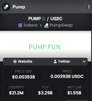 A crypto trading interface shows the PUMP/USDC token on PumpSwap (Solana) priced at $0.003938 with $21.2M liquidity, a $3.29B FDV, and $1.55B market cap, visually emphasizing the token's massive valuation as the post rallies others to pick a side on $PUMP/$STONK.