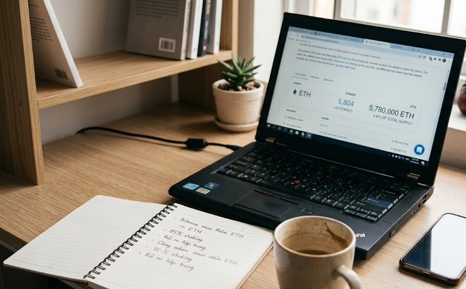 A workspace setup showing a laptop displaying Ethereum (ETH) statistics with a price of "5,804" and a market cap of "5,780,000 ETH," alongside a notebook with handwritten notes about ETH staking.