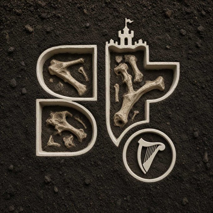 The letters 'st' decorated with bones inside the characters and topped with a castle and shield emblem, designed to resemble an archaeological dig on dark soil.