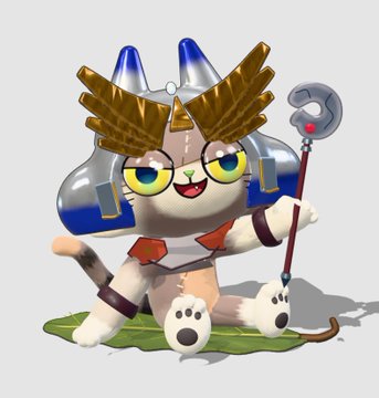 A small cartoon cat character wears a blue helmet, golden wings, and a cape while holding a hooked staff or cane.