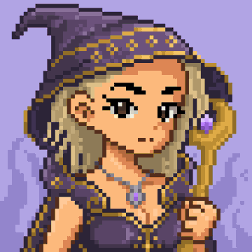 The image depicts a pixel art illustration of a blonde female wizard or sorceress wearing a purple pointed hat and matching dress, holding a golden staff topped with a purple gem. The pixel art style aligns with the celebratory NFT context of the post, where the artwork likely represents one of the winning pieces chosen by an artist for a whitelist-guaranteed NFT Quiver drop.